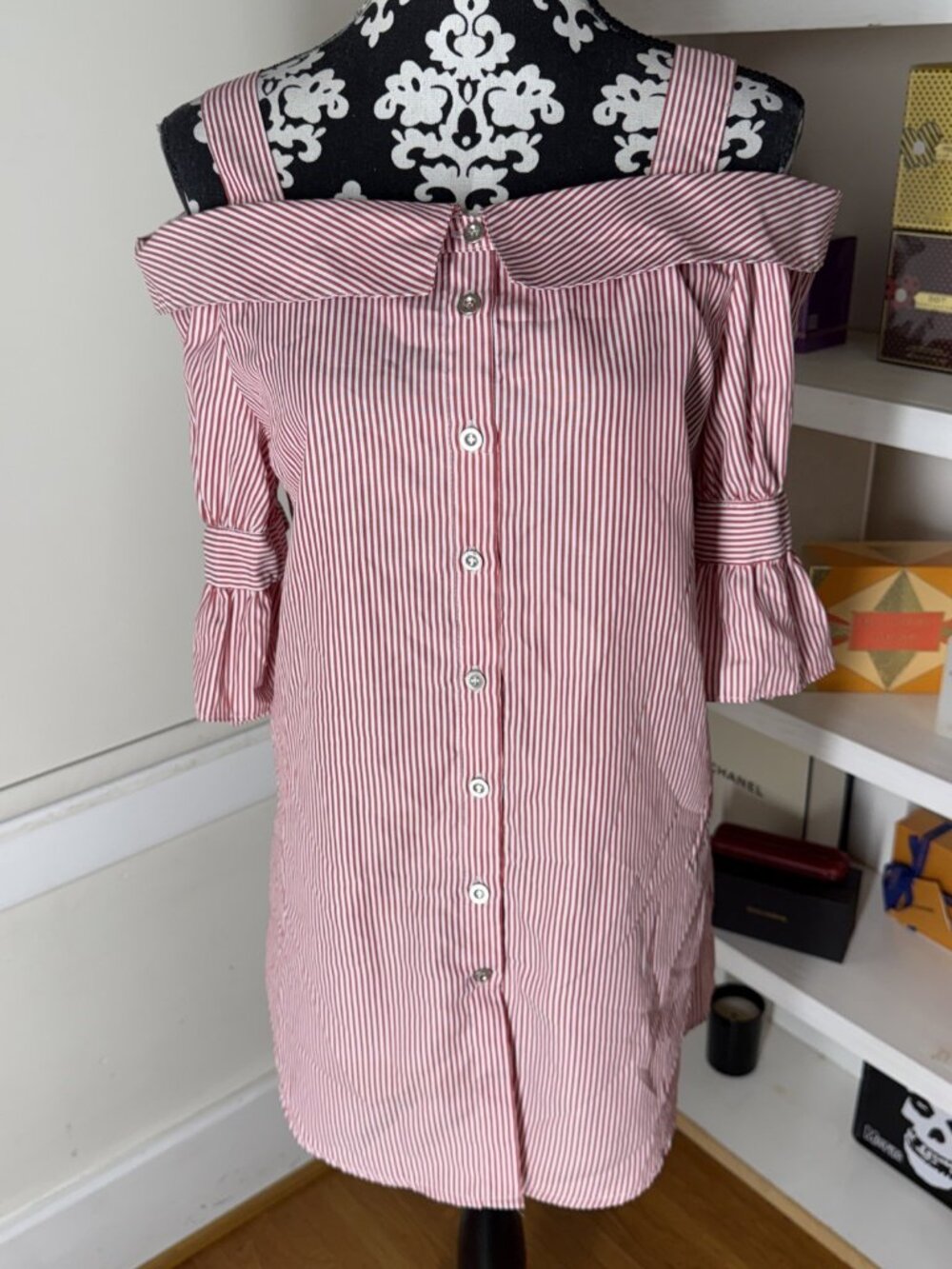 Kontrol Contemporary Off the Shoulder Red & White Striped Blouse L Bow Sleeves